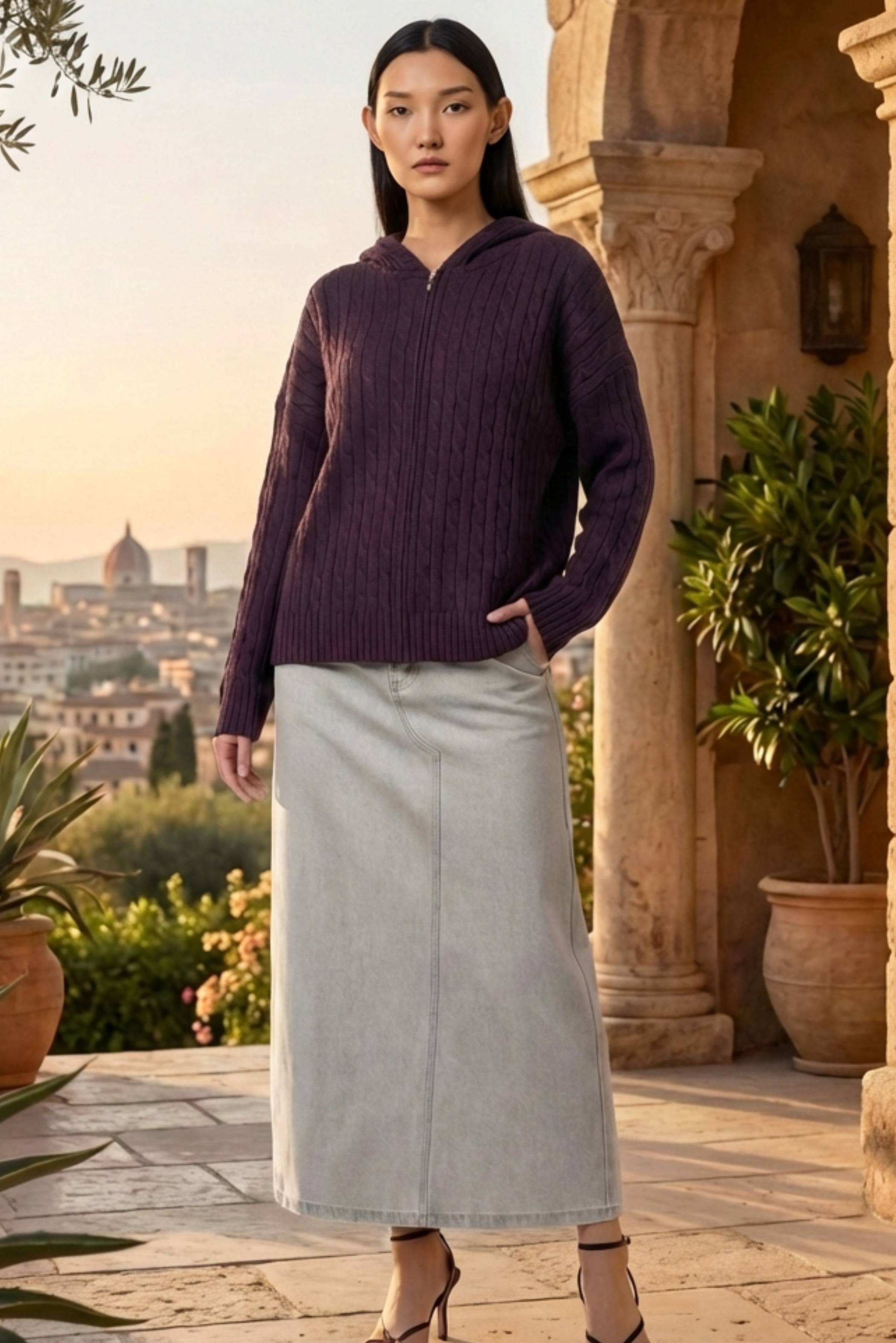 Sabrena Cable-Knit Zip-Up Hoodie