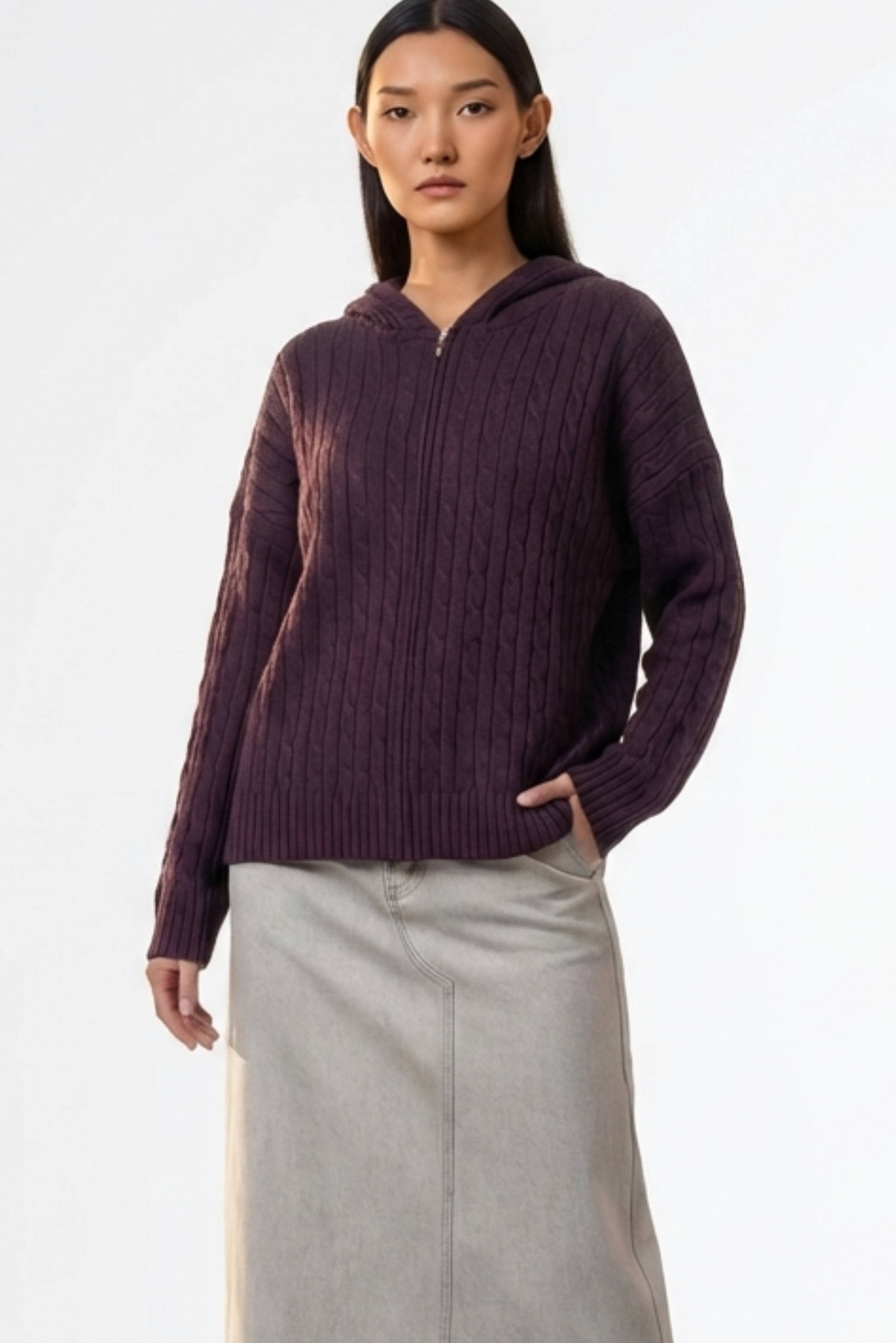 Sabrena Cable-Knit Zip-Up Hoodie