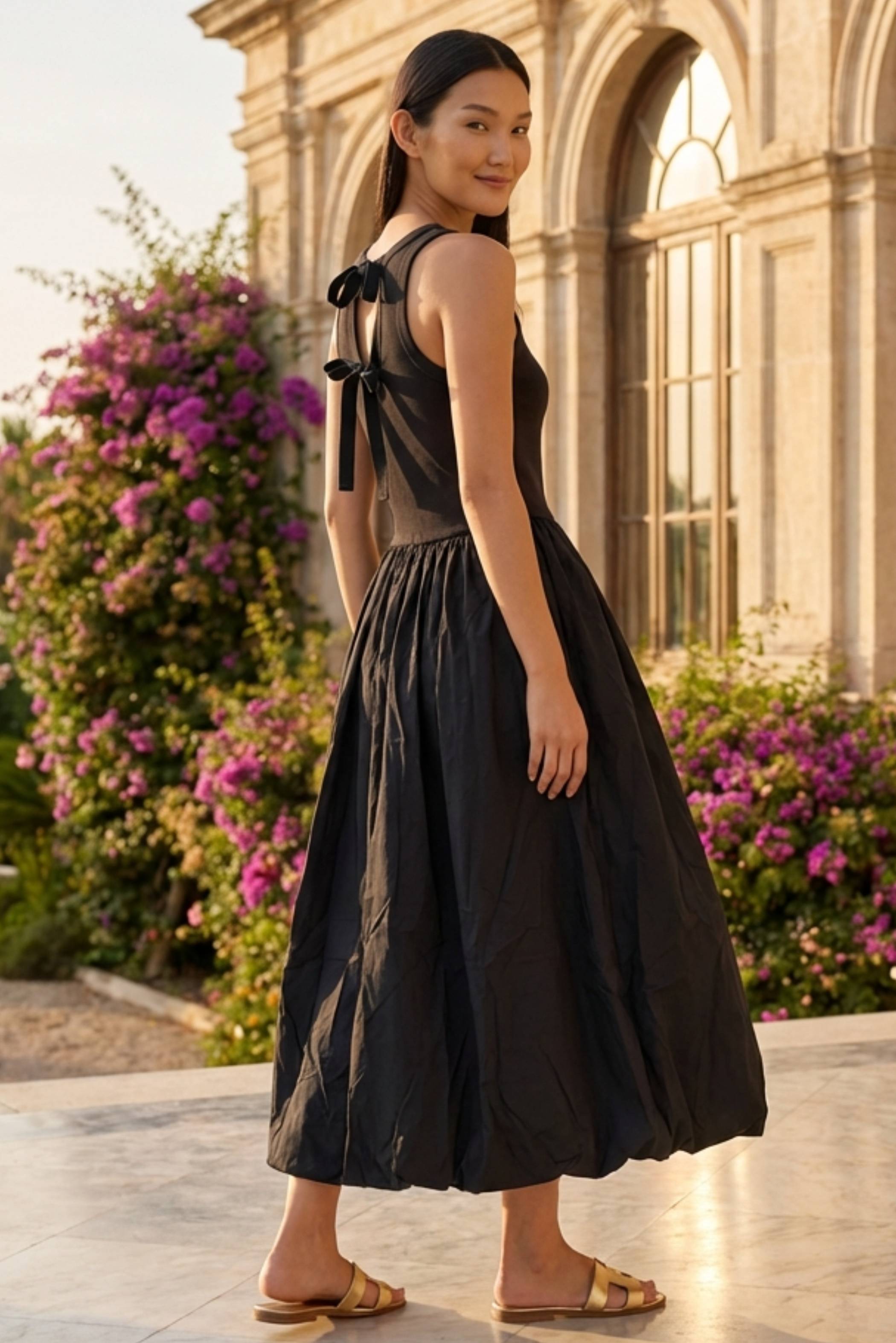 Maisy Ribbon-Tie Balloon Dress