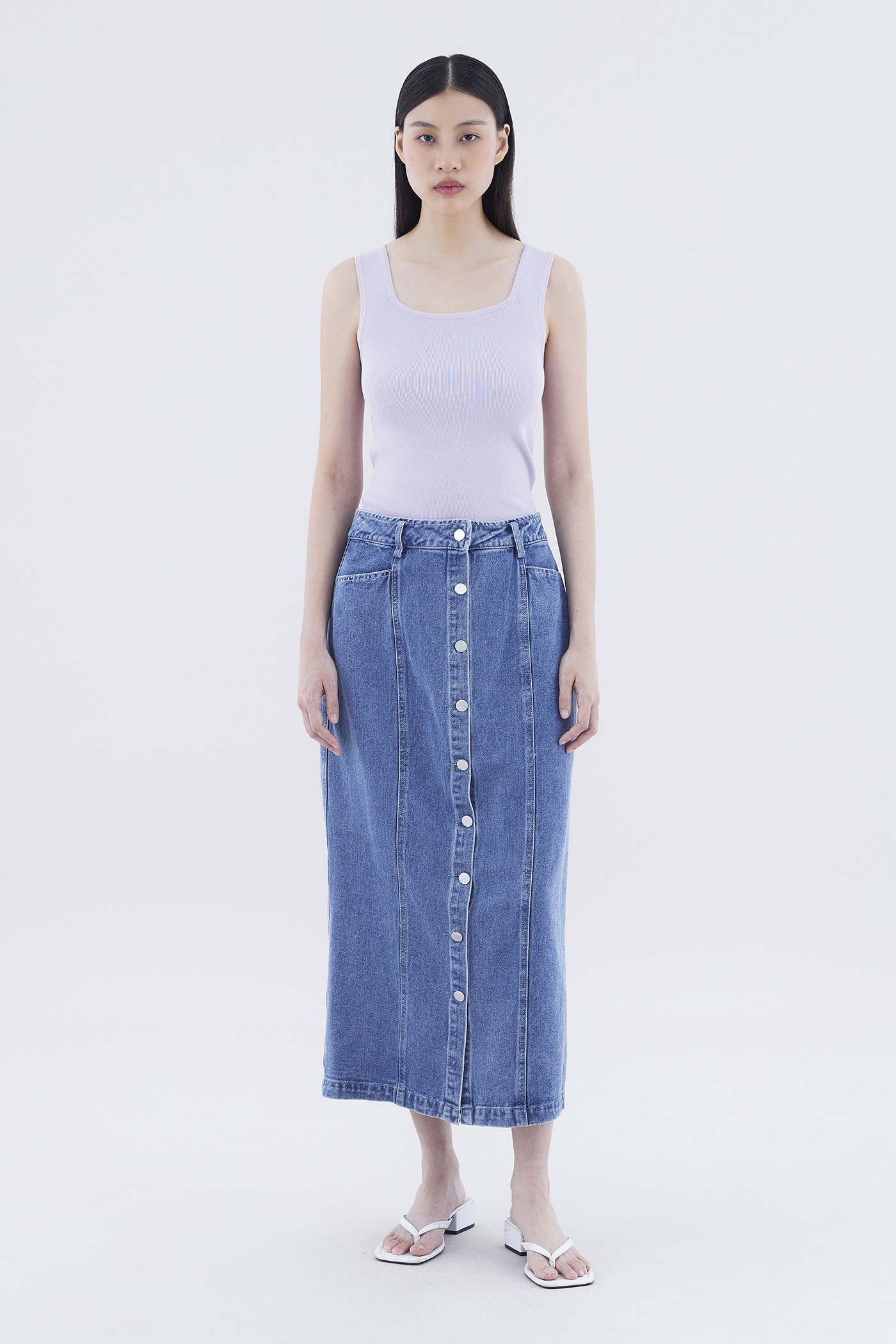 Dreya High-Rise Button-Down Denim Straight Skirt